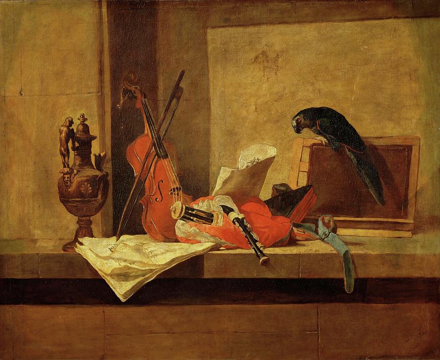 Instruments de musique et perroquet,1730-34 Musical instruments and a parrot. Canvas. Painting by Jean Baptiste Simeon Chardin -1699-1779-