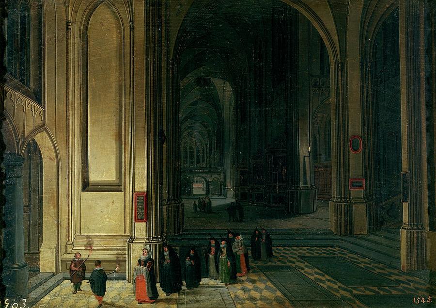 Interior de una iglesia La ofrenda, Late 16th century - First half 17th centu... Painting by Pieter Neeffs the Elder -c 1578-1656-