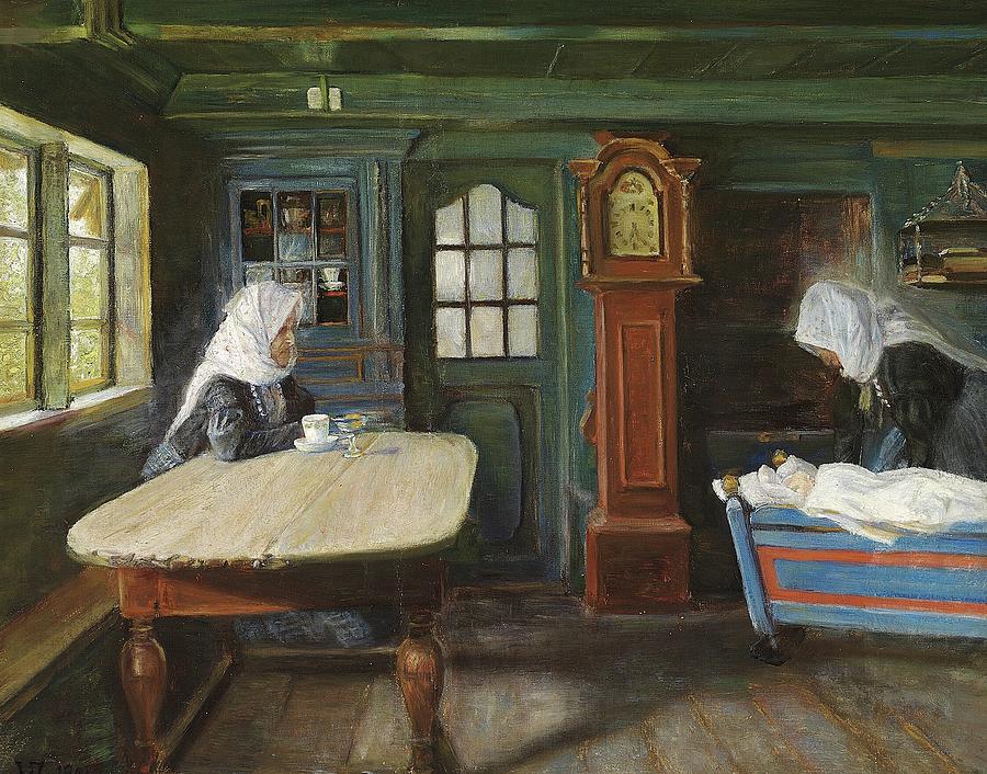 Clock Painting - Interior Fra En Bondestue Med Den Lille I Vuggen by Viggo Johansen