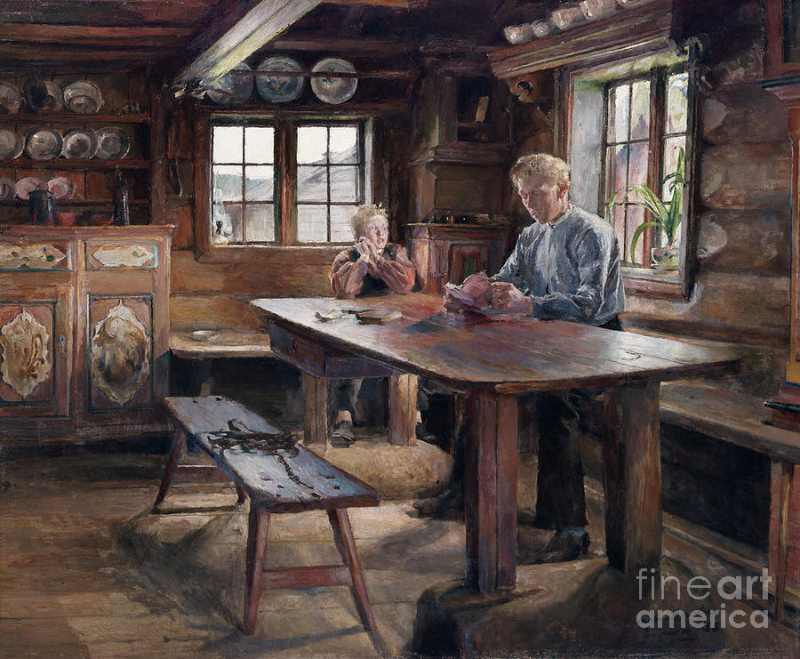 Interior, homework  Painting by O Vaering by Harriet Backer