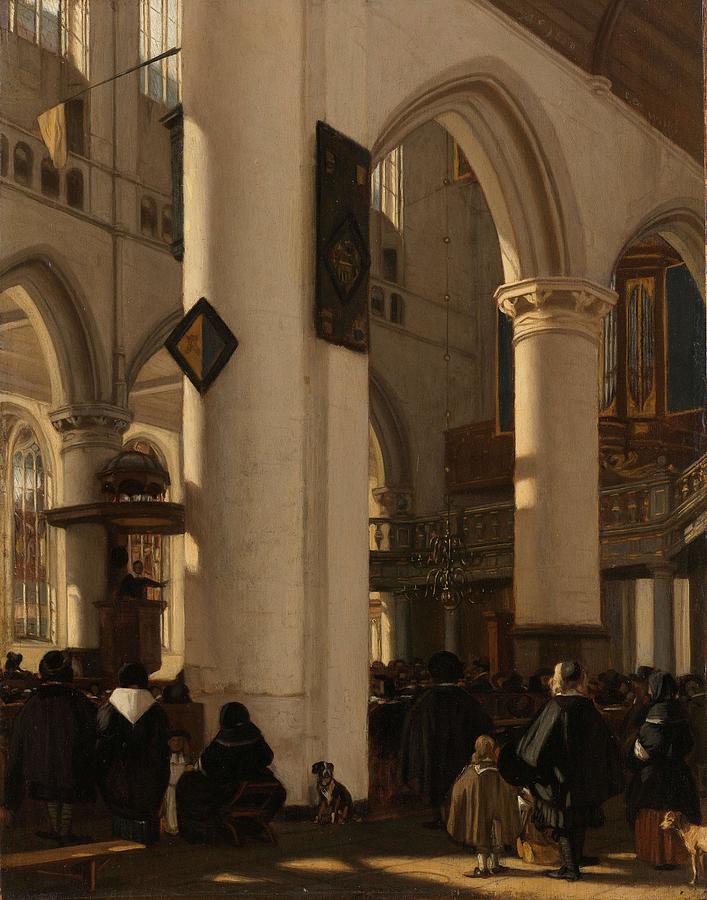 Interior of a Protestant, Gothic Church during a Service. Interieur van een protestantse gotische... Painting by Emanuel de Witte