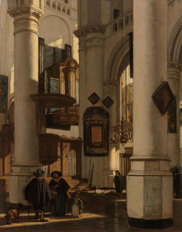 Interior of a Protestant, Gothic Church, with a Gravedigger in the Choir. Interieur van een prote... Painting by Emanuel de Witte