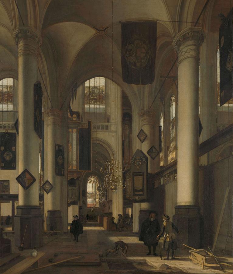 Interior of a Protestant Gothic Church with Motifs from the Oude and Nieuwe Kerk in Amsterdam. Da... Painting by Emanuel de Witte