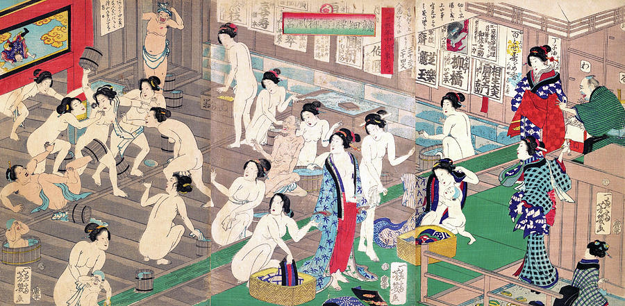 Interior of a Public Bath Painting by Utagawa Yoshiiku