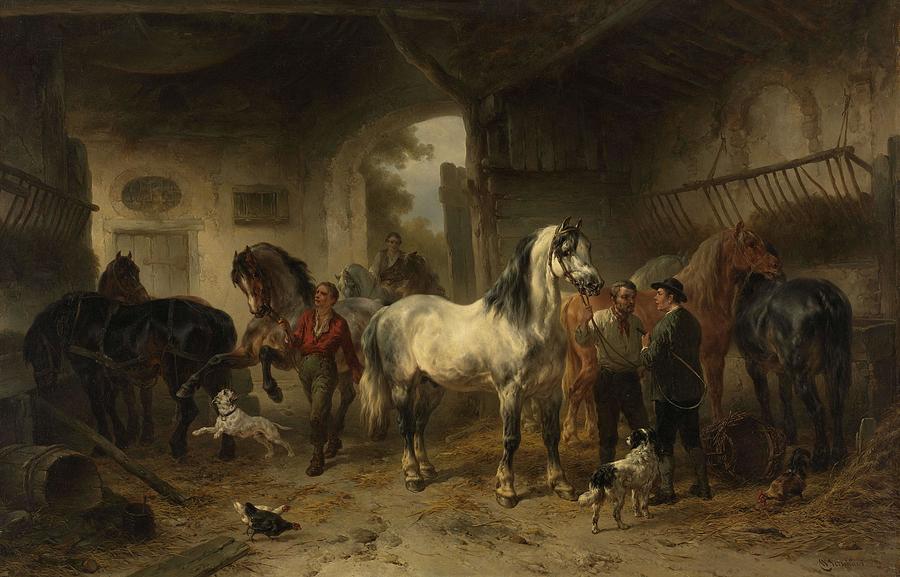 Interior of a stable with horses and figures. Painting by Wouter Verschuur -1812-1874-