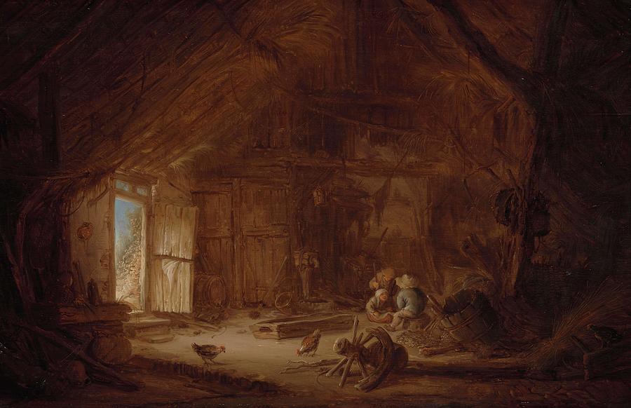 Interior of a Stable with three Children. Painting by Isaac Van Ostade