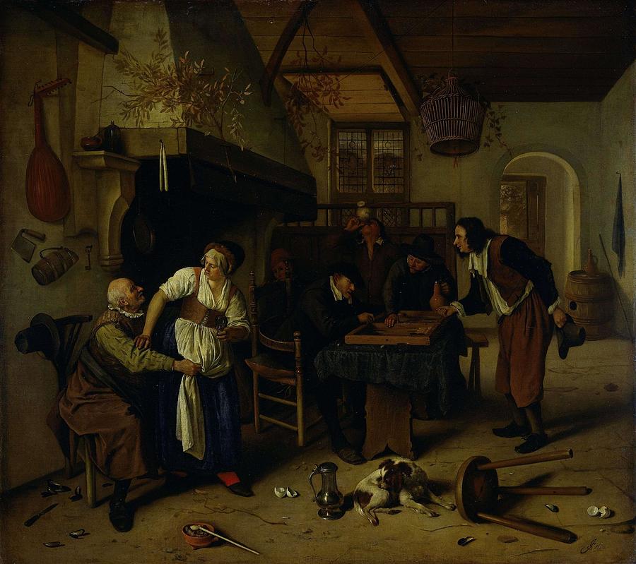 Interior of an inn with an old man amusing himself with the landlady and two men playing backgamm... Painting by Jan Havicksz Steen -mentioned on object-