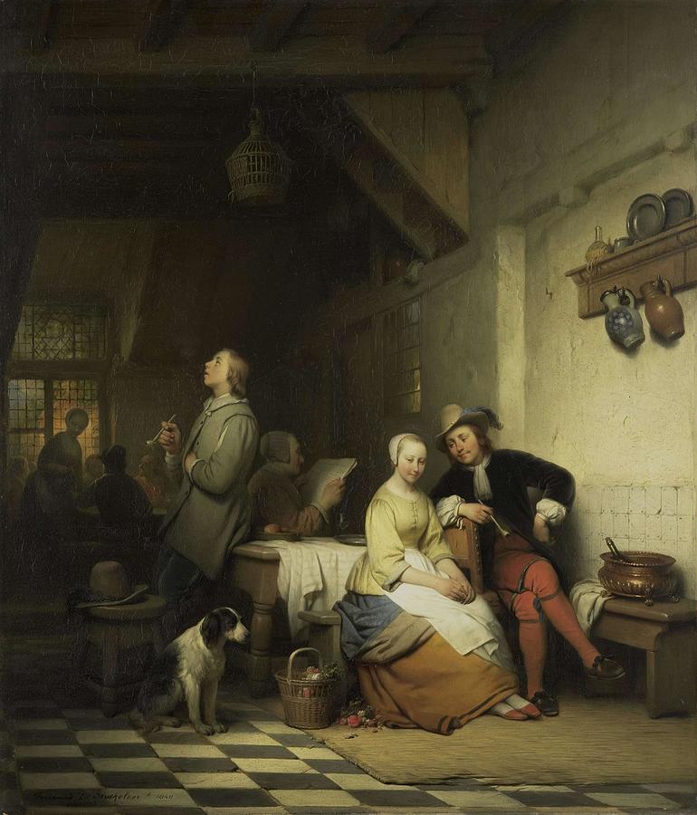 Interior of an Inn, with Figures in Seventeenth-Century Costume. Painting by Ferdinand de Braekeleer -1792-1883-