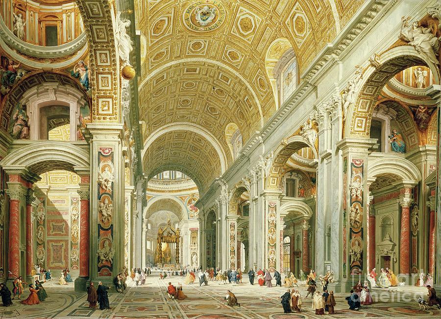 Interior Of Saint Peters Rome, Looking West Towards The Tomb Of St. Peter Painting by Giovanni Paolo Panini