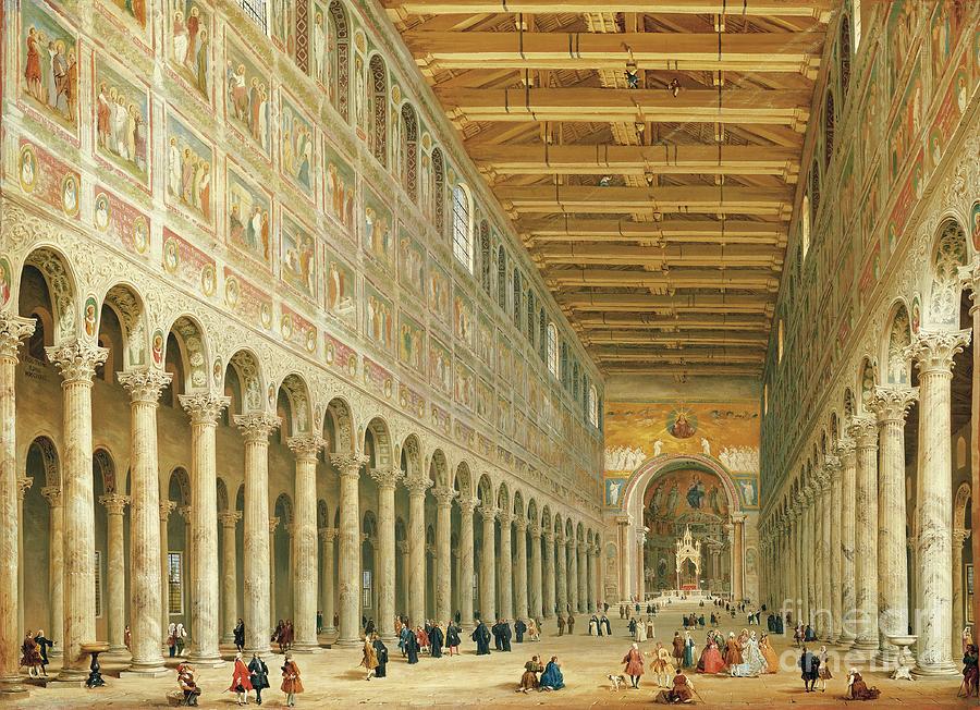 Interior Of San Paolo Fuori Le Mura, Looking Towards The Altar Painting by Giovanni Paolo Panini