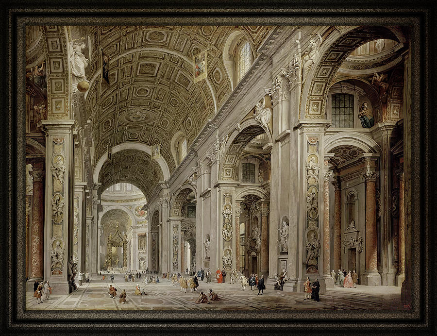 Interior of St Peters Basilica in Rome c1750 by Giovanni Paolo Pannini Painting by Rolando Burbon