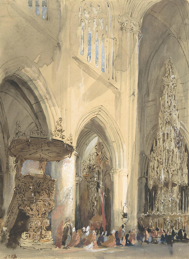 Interior of the Church of St. Jacques, Louvain Drawing by Jenaro Perez Villaamil