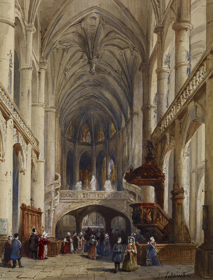 Interior, St Etienne du Mont, Paris Drawing by Charles Louis Lesaint