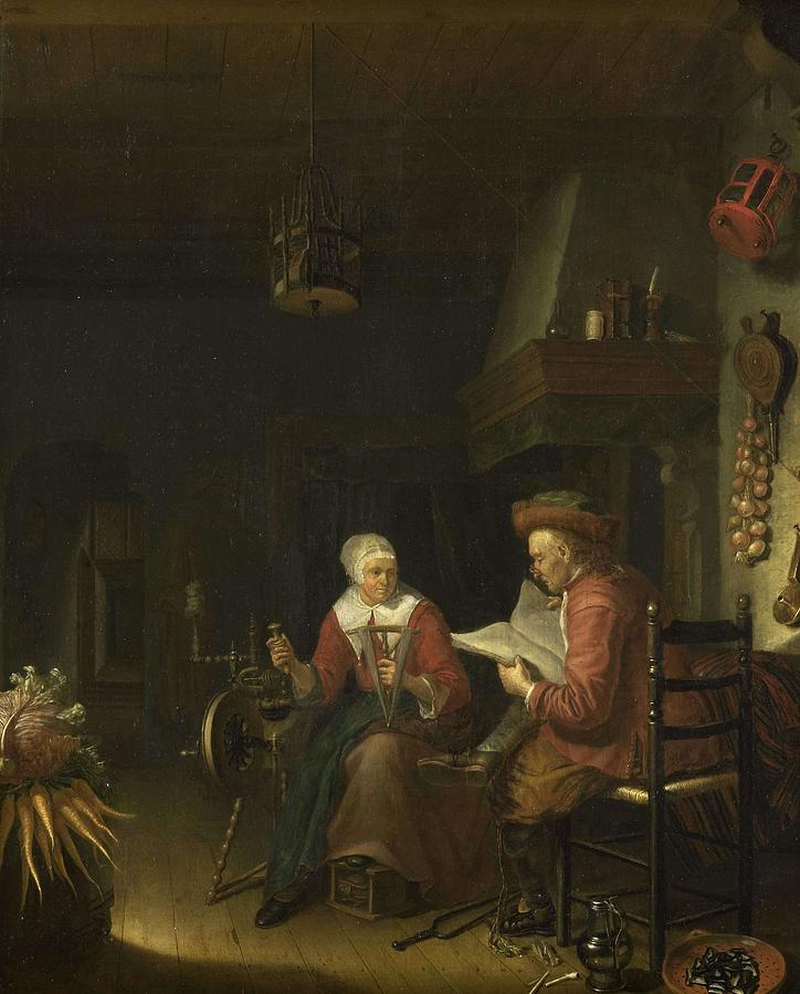 Interior with a man reading and a woman spinning yarn. Painting by Domenicus van Tol