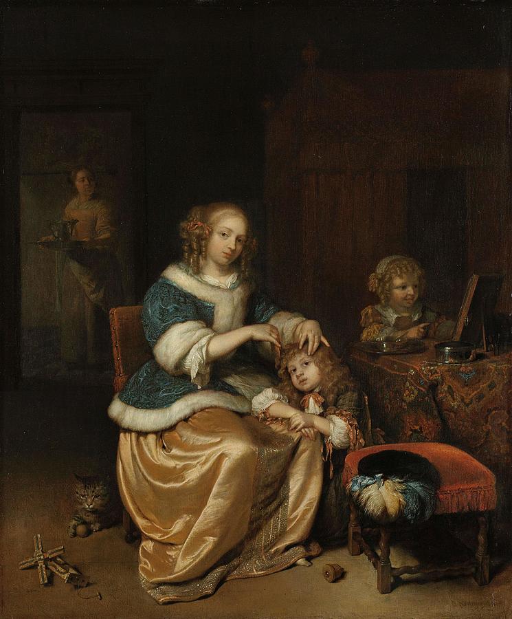 Interior with a Mother Combing her Childs Hair, Known as Maternal Care. Interior with a Mother... Painting by Caspar Netscher