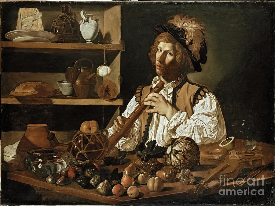 Interior With A Still Life And A Young Man Holding A Recorder, 17th Century Painting by Cecco Del Caravaggio