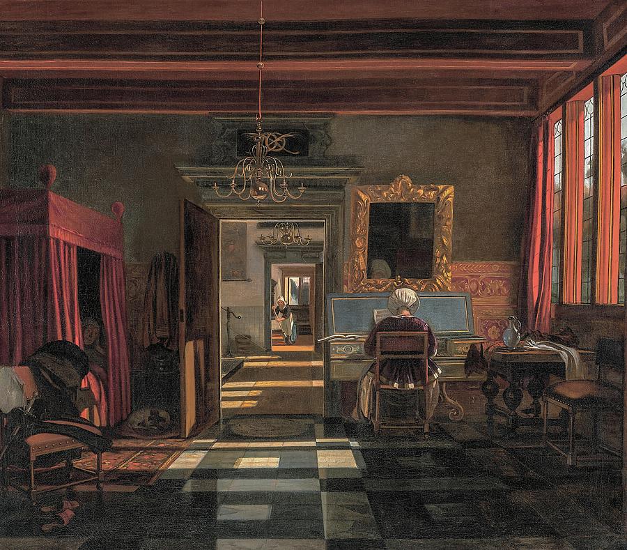 Interior with a woman at a virginal, and an officer listening in the bed on the left, by Emanuel ... Painting by Emmanuel de Witte