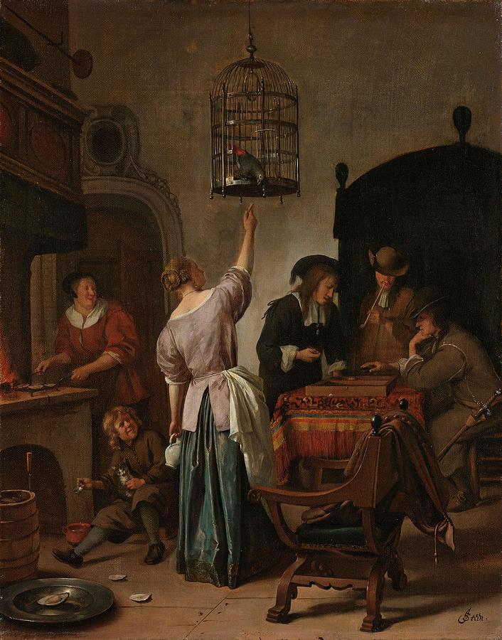 Interior with a Woman Feeding a Parrot, Known as The Parrot Cage. Interior with a woman feeding... Painting by Jan Havicksz Steen