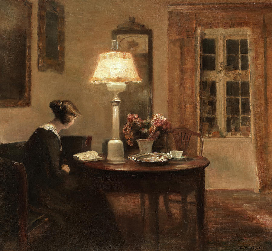 Interior with a woman reading Painting by Carl Vilhelm Holsoe
