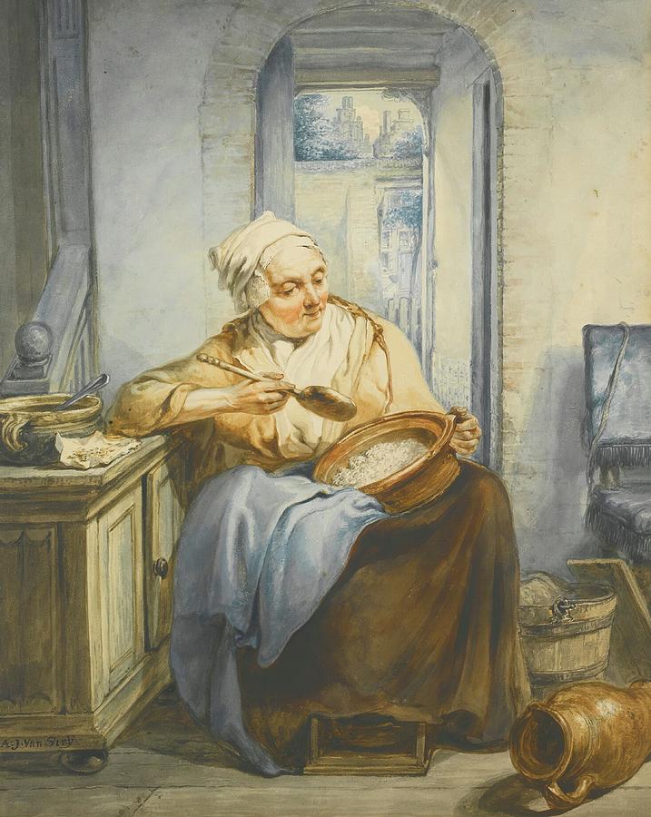 Old Lady Painting - Interior With An Old Lady Preparing Food by Jacob Van Strij