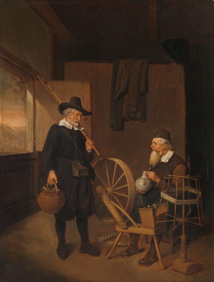 Interior with Fisherman and Man beside a Bobbin and Spool. Painting by Quiringh Gerritsz van Brekelenkam