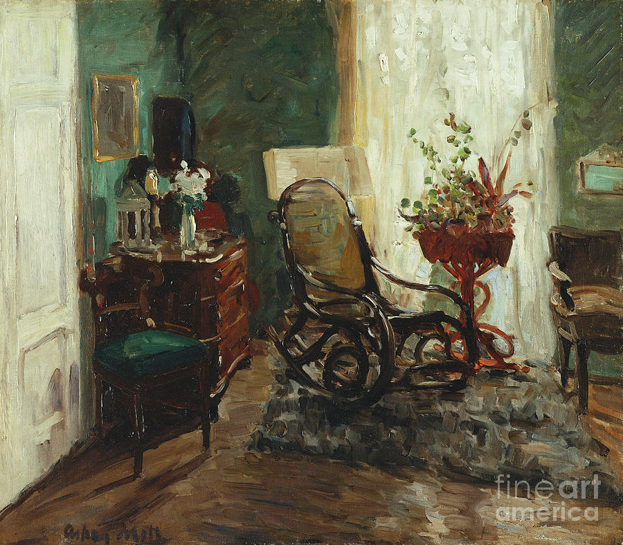 Interior With Rocking Chair; Interieur Mit Schaukelstuhl Painting by Oskar Moll