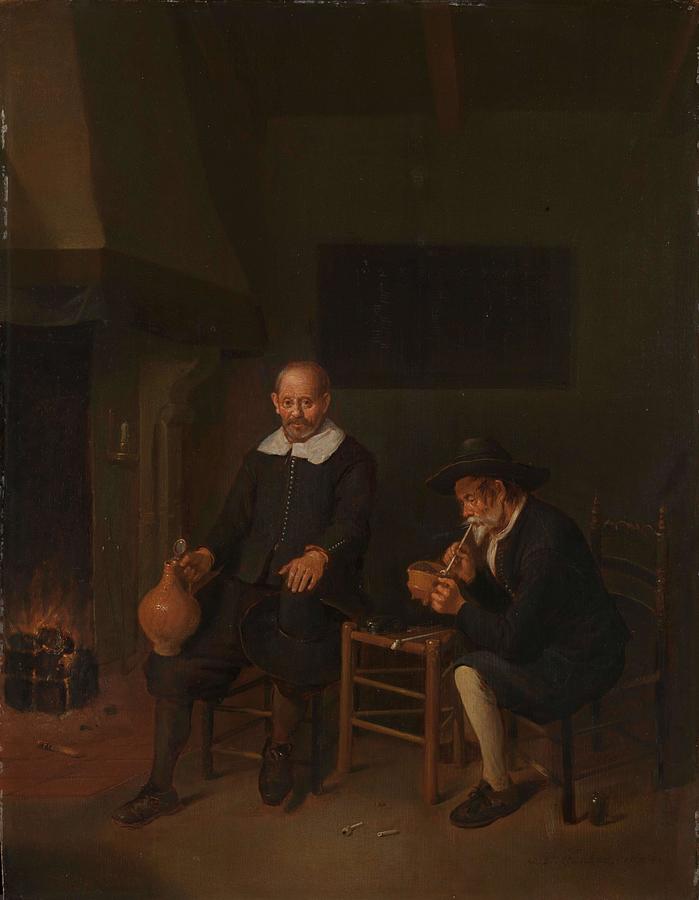 Interior with Two Men by the Fireside. Painting by Quiringh Gerritsz van Brekelenkam