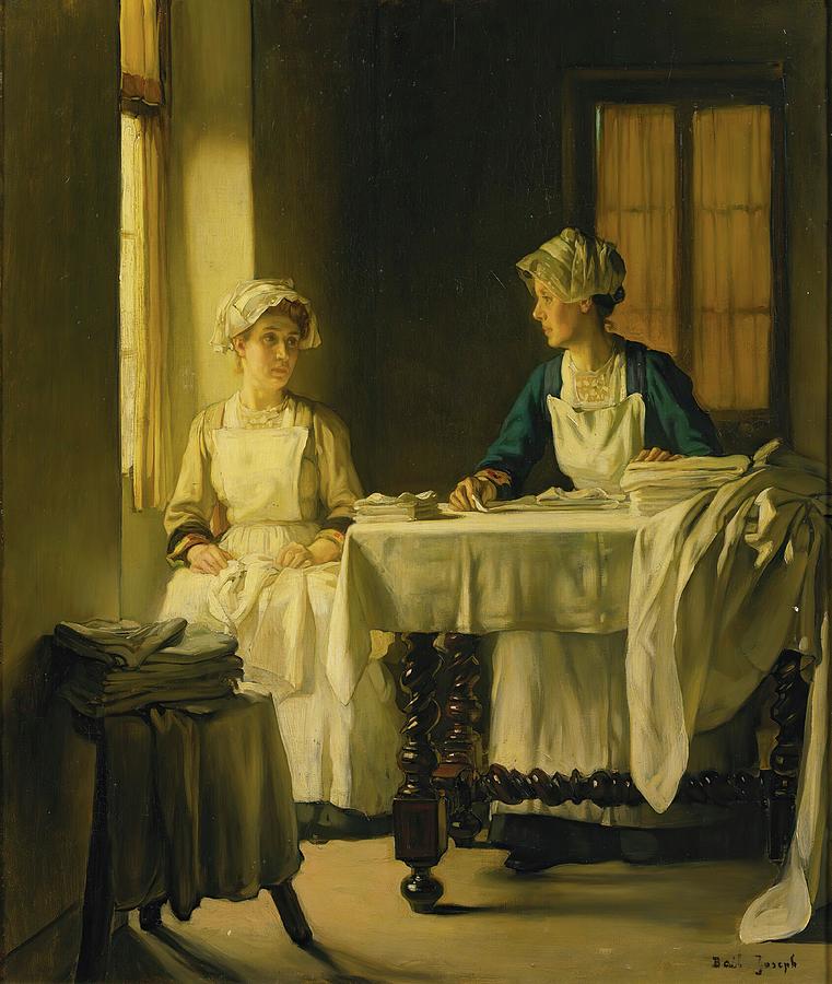 Vintage Painting - Interior With Two Women Folding Sheets by Joseph Bail