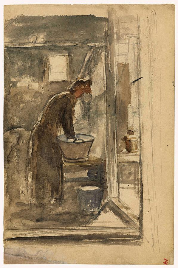 Interior with woman at the washtub. Painting by Jozef Israels