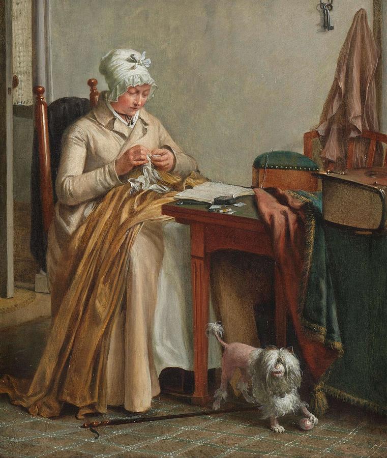 Interior with Woman Sewing. Interior with a Woman Sewing. Painting by Wybrand Hendriks -mentioned on object-