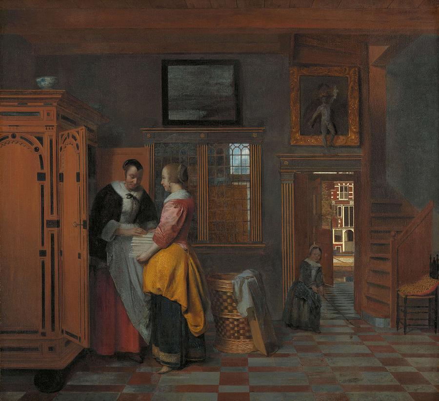 Interior with Women beside a Linen Cupboard. Interior with Women beside a Linen Chest. Painting by Pieter De Hooch
