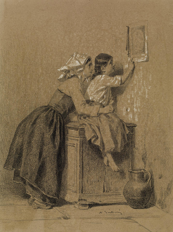 Interior, Woman and Child Drawing by Alexandre-Marie Guillemin