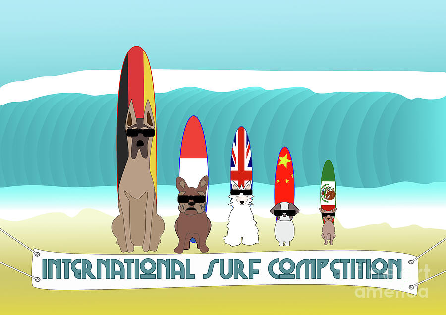 Funny International Surf Dog Competition Digital Art by Barefoot Bodeez Art