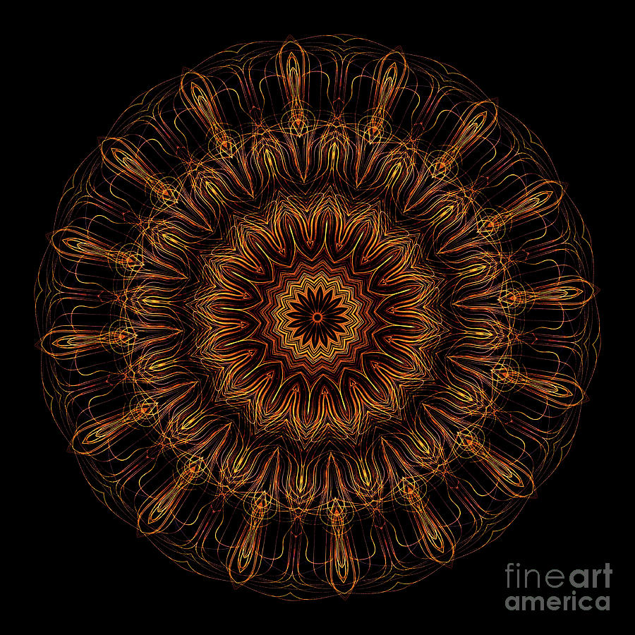 Intricate 16 orange, red and yellow mandala kaleidoscope Digital Art by Amy Cicconi