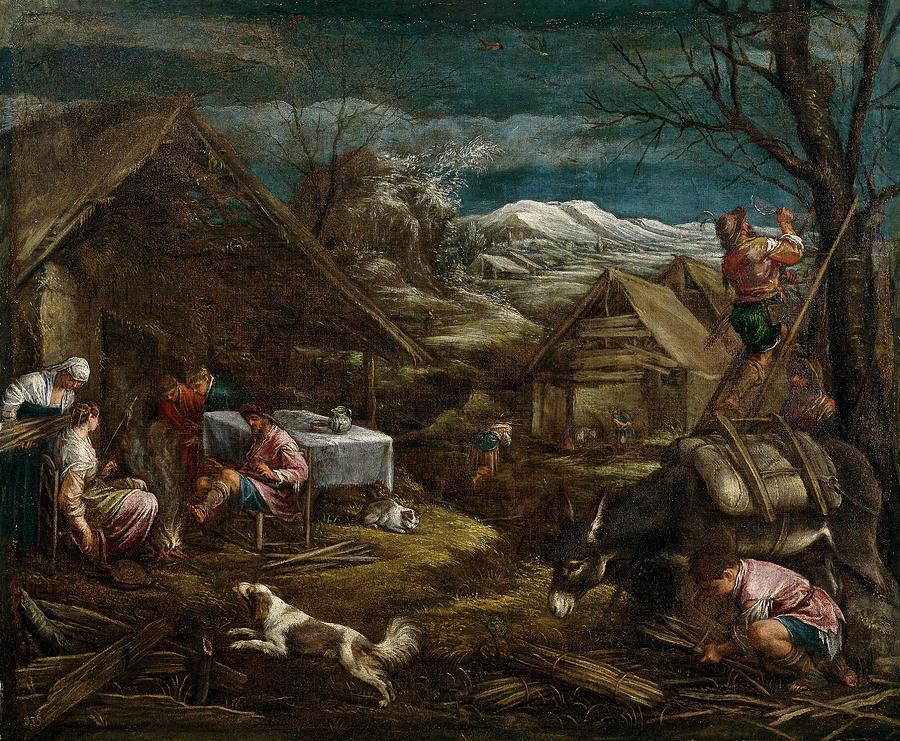 Invierno escena campesina, Second half 16th century, Italian School, C... Painting by Jacopo Bassano -c 1510-1592-
