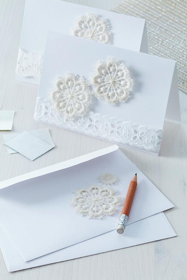 Invitation Cards And Envelopes Decorated With Segments Of Crocheted Doily And Lace Trim Photograph by Franziska Taube