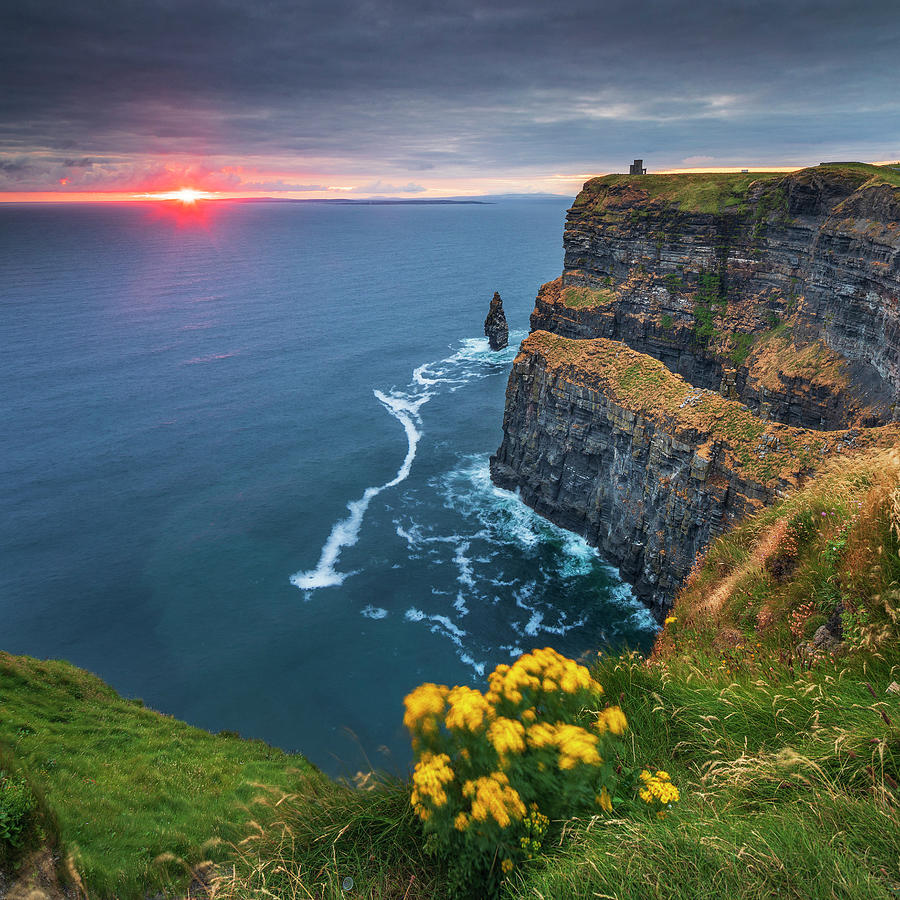 Ireland, Clare, Atlantic Ocean, Wild Atlantic Way, Sunset Over Cliffs Of Moher And Obriens Tower Digital Art by Luigi Vaccarella