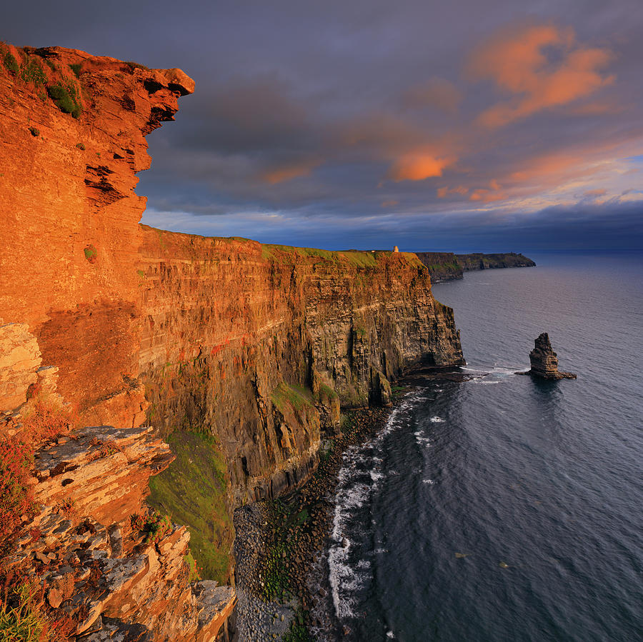 Ireland, Clare, Burren, Great Britain, Atlantic Ocean, View Of The Imposing Cliffs Of Moher, Along The Wild Atlantic Way, In The Warm Late Afternoon Light Digital Art by Riccardo Spila