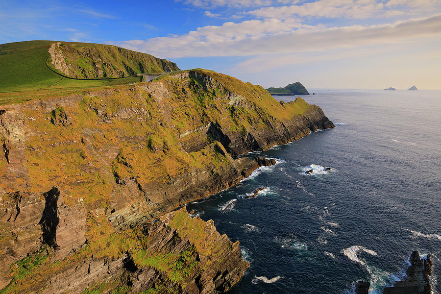 Ireland, Kerry, Portmagee, View Of The So-called Kerry Cliffs, The Highest Along The Ring Of Kerry, With The Two Skelligs Islands In The Far Ground Digital Art by Riccardo Spila