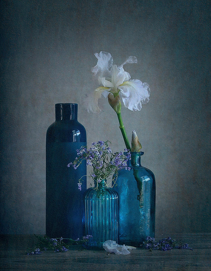 Iris Photograph - Iris & Bottles by Fangping Zhou