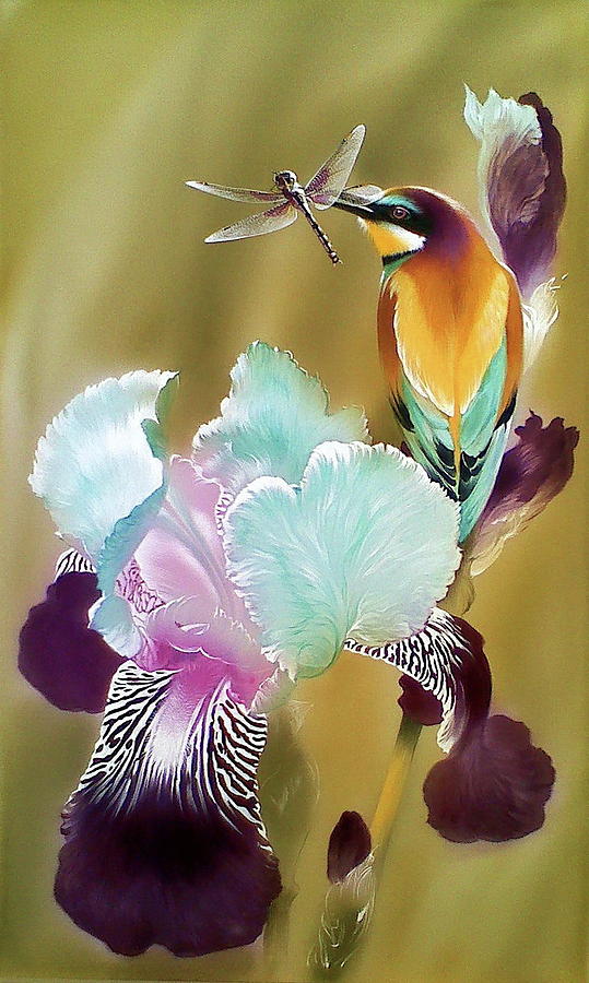 Iris and Bee-eater Bird with Dragonfly Painting by Alina Oseeva