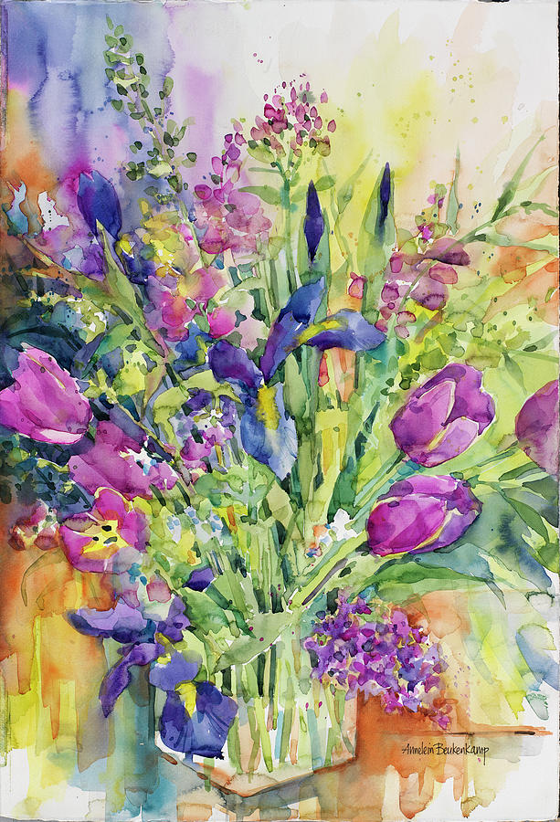 Spring Painting - Iris Blue And Tulips Too by Annelein Beukenkamp