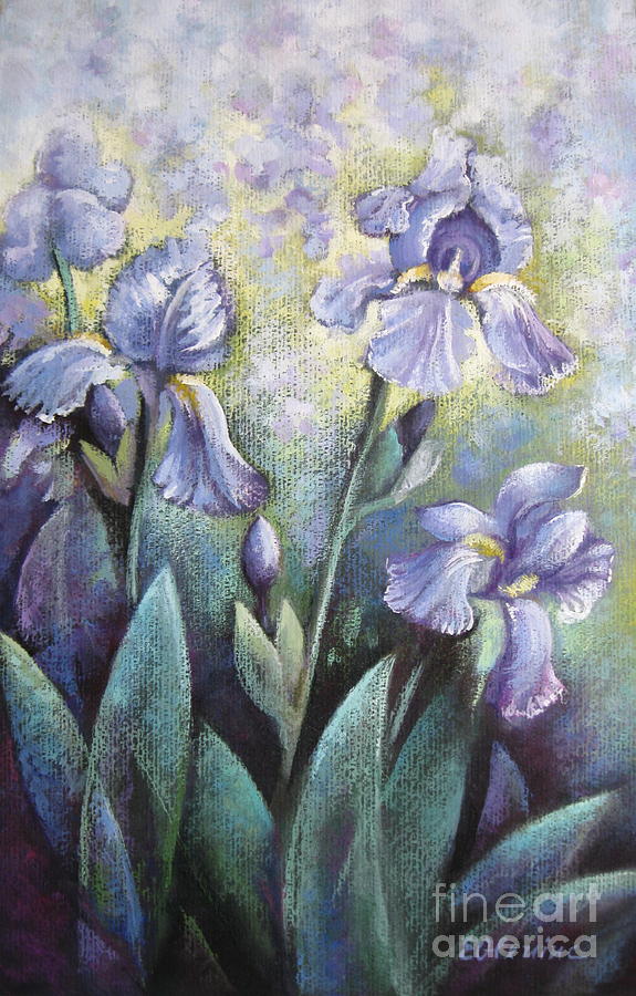 Irises in the garden Painting by Elena Oleniuc