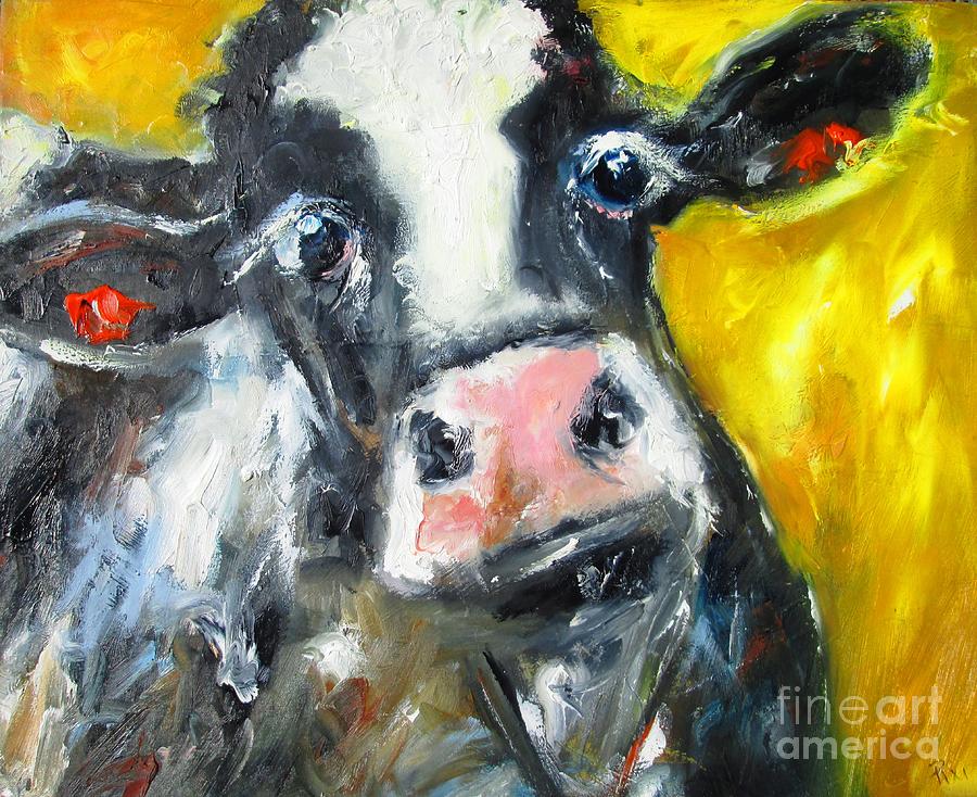 Painting Of Irish Black Cow On Yellow  Painting by Mary Cahalan Lee - aka PIXI