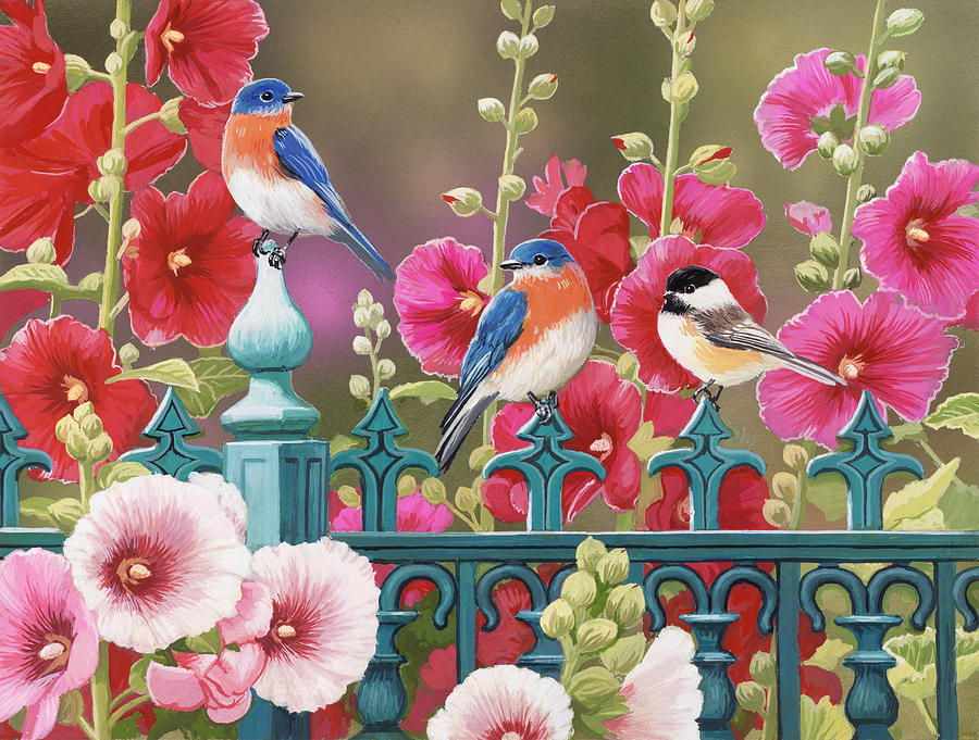 Bird Painting - Iron Fence With Hollyhocks by William Vanderdasson