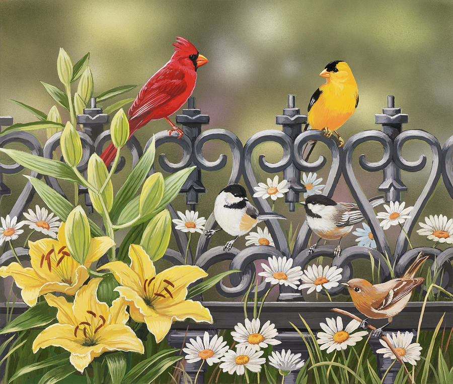 Cardinal Painting - Iron Fence With Lilies by William Vanderdasson