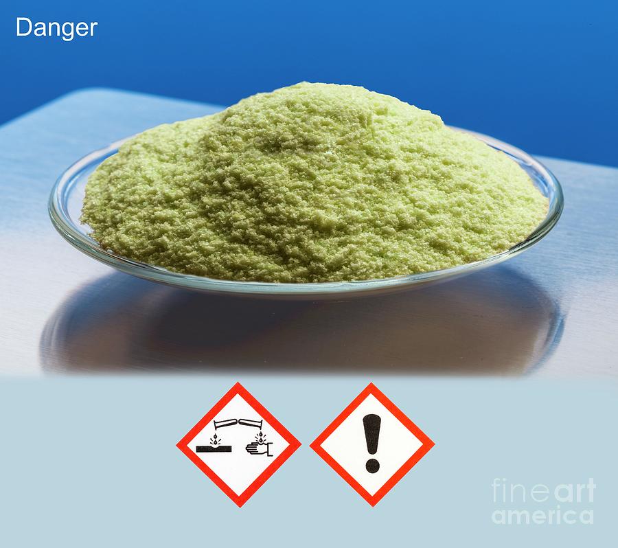Iron (ii) Chloride With Hazard Pictograms Photograph by Martyn F. Chillmaid/science Photo Library