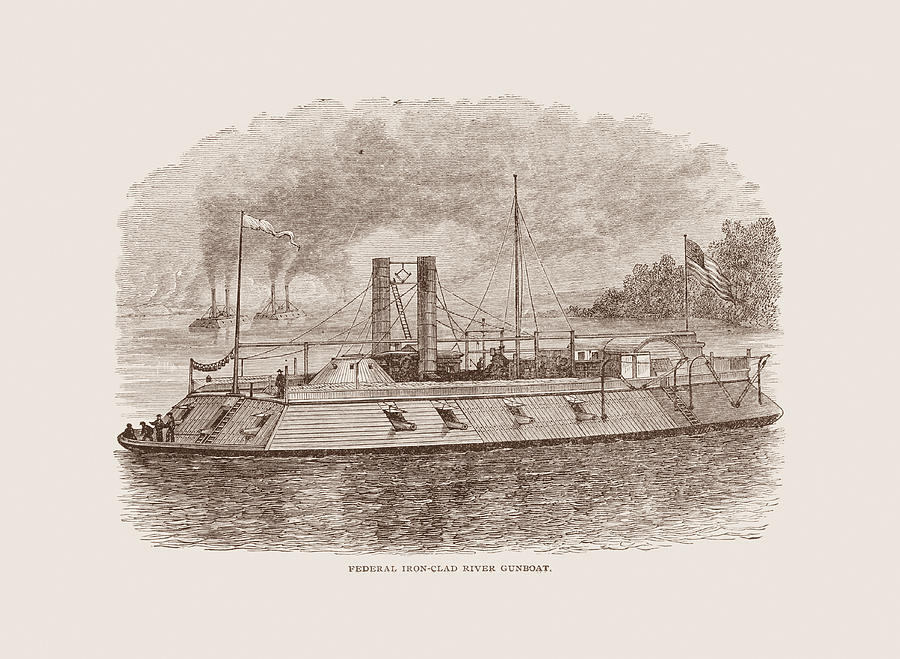 Ironclad River Gunboat Engraving - Union Civil War Drawing