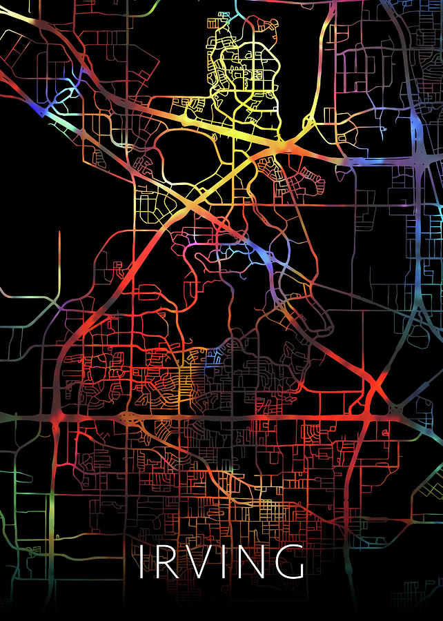 Irving Texas Watercolor City Street Map Dark Mode Mixed Media by Design ...