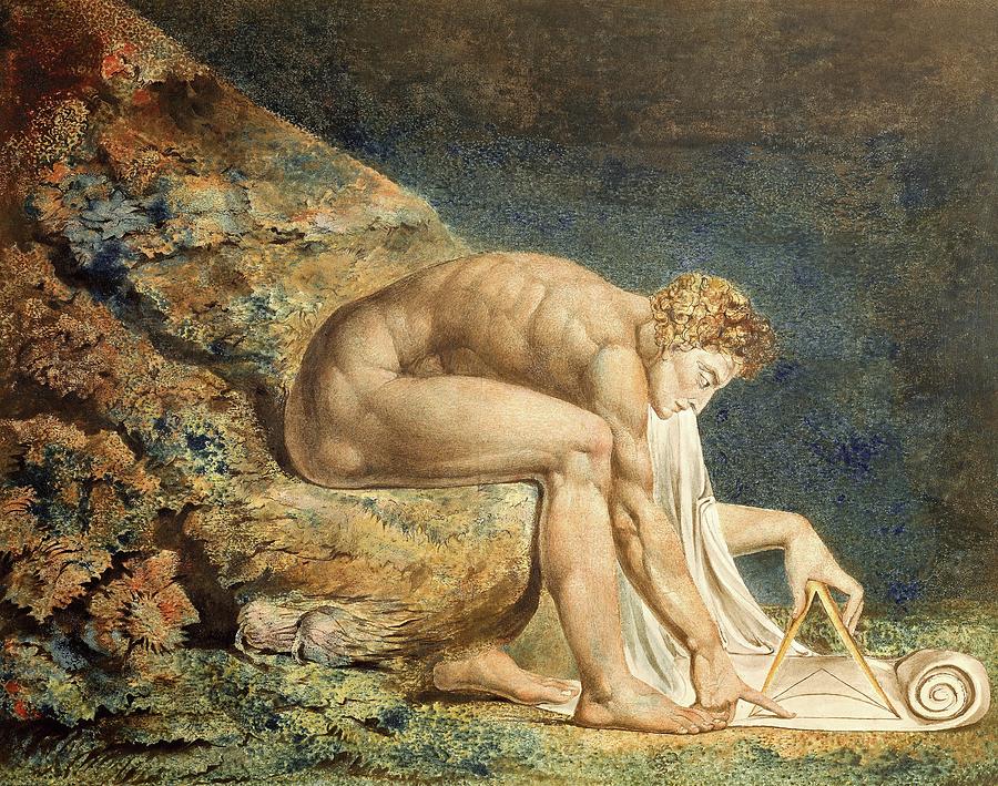 Isaac Newton, 1795 Coloured engraving with watercolour and ink added, 46 x 60 cm. Cat. N 5058. Drawing by William Blake -1757-1827-